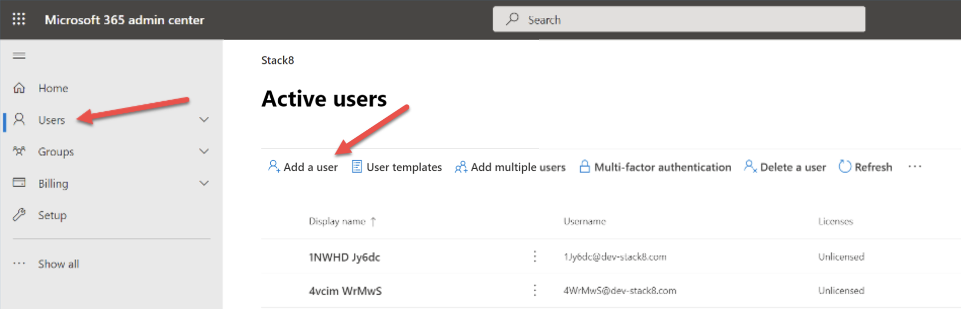 Microsoft 365 admin center user interface with arrows pointing to the User menu and Add a user option